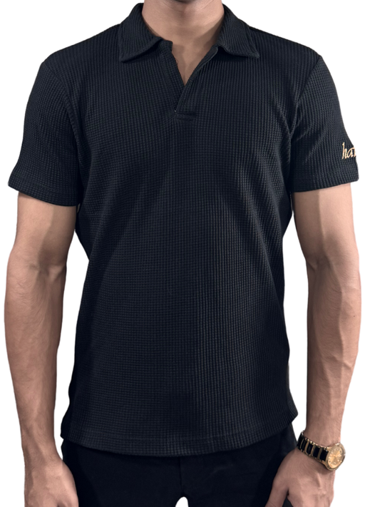 Waffle Weave Resort Polo - Onyx Black